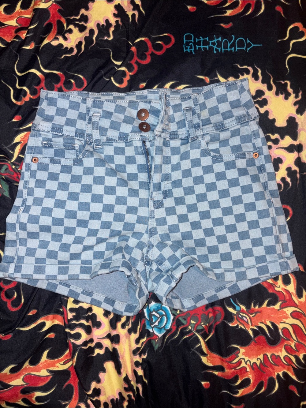 NOBO Light Blue Checkered Denim Shorts